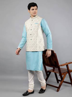 Manish creations men's floral pattan ethnic silk blend kurta sets with nehru jacket 5