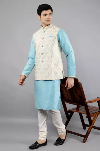 Manish creations men's floral pattan ethnic silk blend kurta sets with nehru jacket
