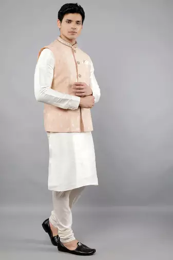 Manish creations men's woven pattan ethnic silk blend kurta sets with nehru jacket