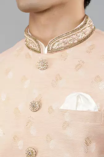 Manish creations men's woven pattan ethnic silk blend kurta sets with nehru jacket