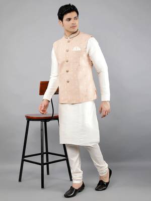 Manish creations men's woven pattan ethnic silk blend kurta sets with nehru jacket 5