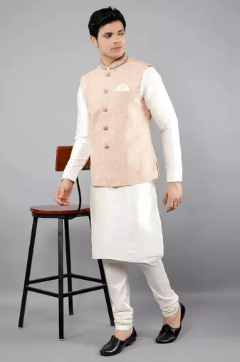 Manish creations men's woven pattan ethnic silk blend kurta sets with nehru jacket
