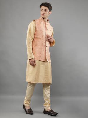 Manish creations men's floral pattan silk blend casual styles kurta sets with nehru jacket 3
