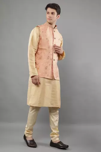 Manish creations men's floral pattan silk blend casual styles kurta sets with nehru jacket