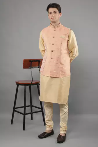 Manish creations men's floral pattan silk blend casual styles kurta sets with nehru jacket