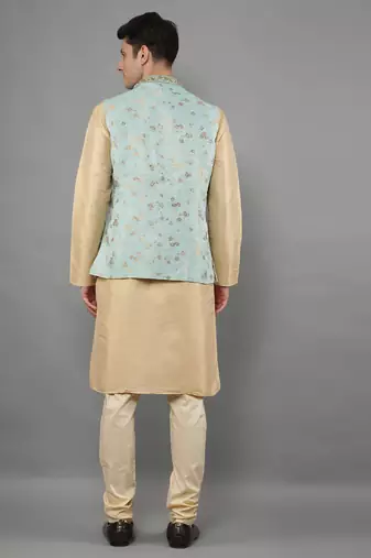 Manish creations men's floral pattan silk blend casual styles kurta sets with nehru jacket