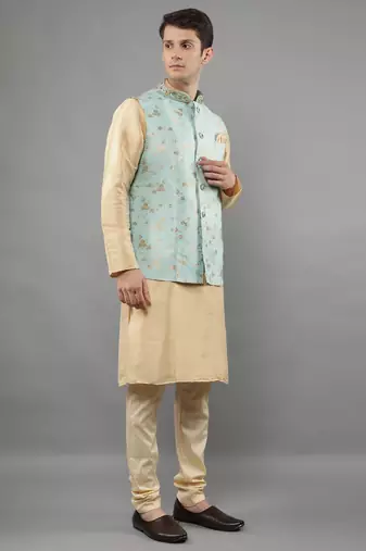 Manish creations men's floral pattan silk blend casual styles kurta sets with nehru jacket