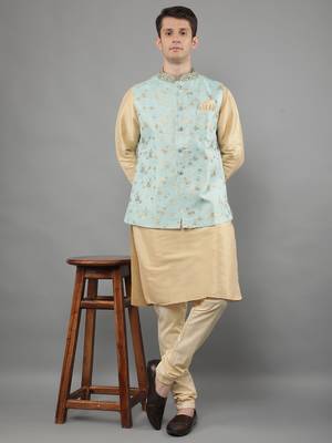 Manish creations men's floral pattan silk blend casual styles kurta sets with nehru jacket 5