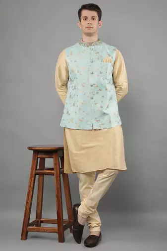 Manish creations men's floral pattan silk blend casual styles kurta sets with nehru jacket