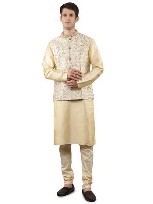 Manish creations men's floral pattan silk blend casual styles kurta sets with nehru jacket 1