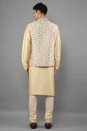 Manish creations men's floral pattan silk blend casual styles kurta sets with nehru jacket