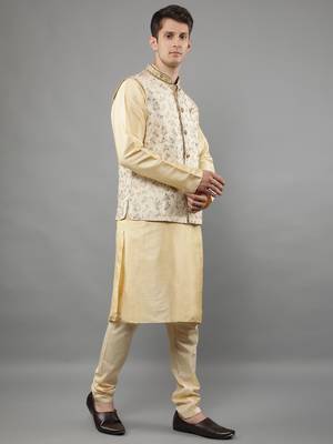 Manish creations men's floral pattan silk blend casual styles kurta sets with nehru jacket 3