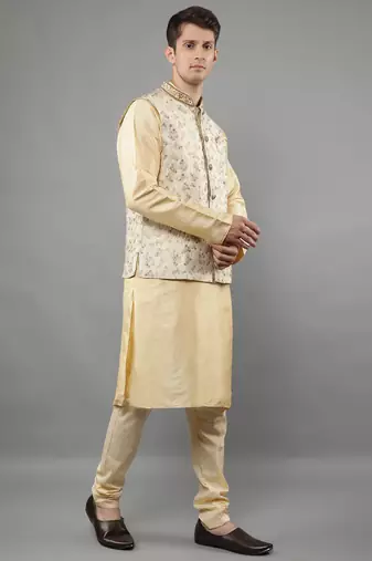 Manish creations men's floral pattan silk blend casual styles kurta sets with nehru jacket