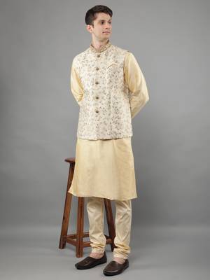 Manish creations men's floral pattan silk blend casual styles kurta sets with nehru jacket 5
