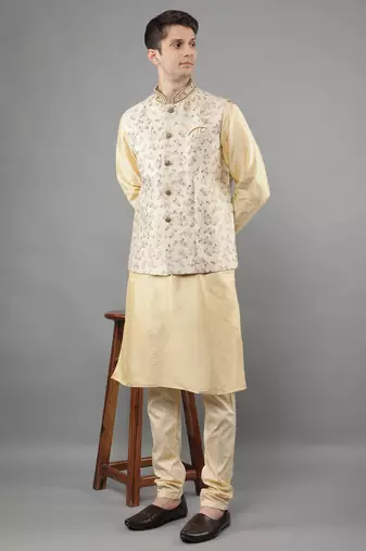 Manish creations men's floral pattan silk blend casual styles kurta sets with nehru jacket