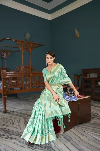 Sea Green Organza Ethnic Motifs Thread Design Zari Saree With Blouse