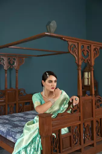 Sea Green Organza Ethnic Motifs Thread Design Zari Saree With Blouse