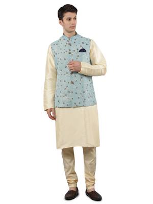 Manish creations men's floral pattan silk blend traditional kurta sets with nehru jacket 1
