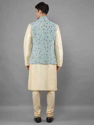 Manish creations men's floral pattan silk blend traditional kurta sets with nehru jacket 2