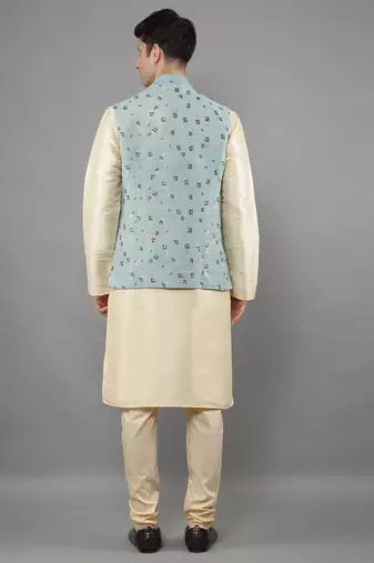 Manish creations men's floral pattan silk blend traditional kurta sets with nehru jacket