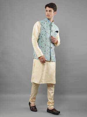 Manish creations men's floral pattan silk blend traditional kurta sets with nehru jacket 3