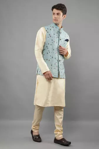 Manish creations men's floral pattan silk blend traditional kurta sets with nehru jacket
