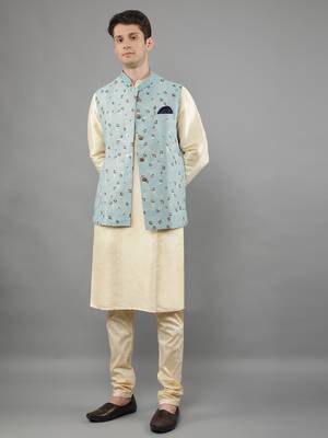 Manish creations men's floral pattan silk blend traditional kurta sets with nehru jacket 5