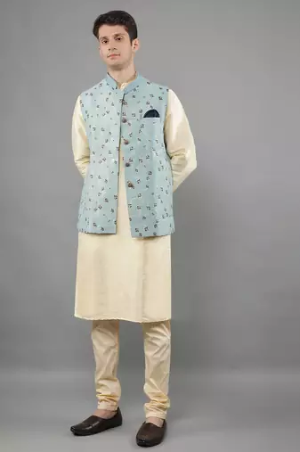 Manish creations men's floral pattan silk blend traditional kurta sets with nehru jacket
