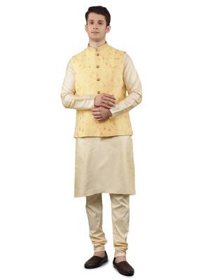 Manish creations men's floral pattan silk blend traditional kurta sets with nehru jacket 1
