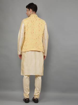 Manish creations men's floral pattan silk blend traditional kurta sets with nehru jacket 2