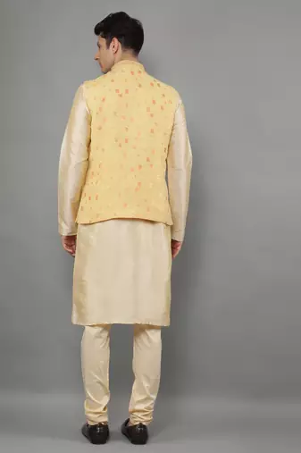 Manish creations men's floral pattan silk blend traditional kurta sets with nehru jacket