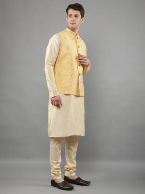 Manish creations men's floral pattan silk blend traditional kurta sets with nehru jacket 3