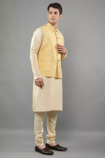 Manish creations men's floral pattan silk blend traditional kurta sets with nehru jacket