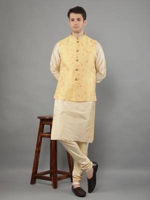 Manish creations men's floral pattan silk blend traditional kurta sets with nehru jacket 5