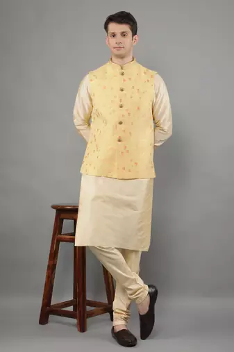 Manish creations men's floral pattan silk blend traditional kurta sets with nehru jacket
