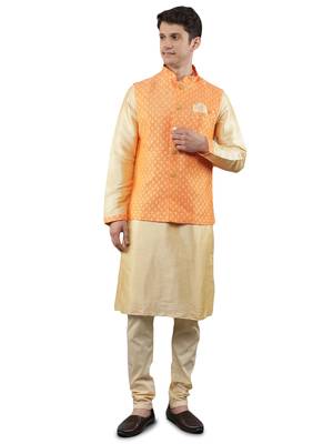 Manish creations men's woven pattan silk blend traditional kurta sets with nehru jacket 1