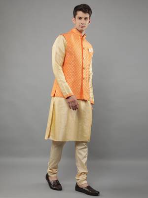 Manish creations men's woven pattan silk blend traditional kurta sets with nehru jacket 3