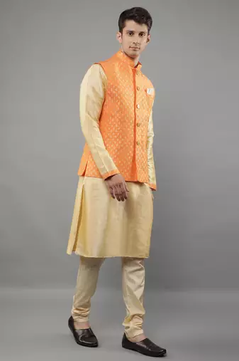 Manish creations men's woven pattan silk blend traditional kurta sets with nehru jacket