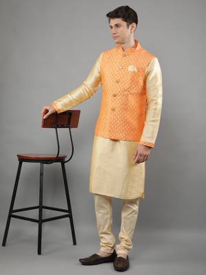 Manish creations men's woven pattan silk blend traditional kurta sets with nehru jacket 5