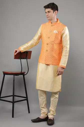 Manish creations men's woven pattan silk blend traditional kurta sets with nehru jacket