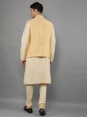 Manish creations men's woven pattan silk blend traditional kurta sets with nehru jacket 2