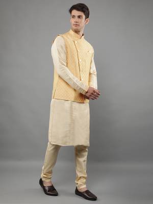 Manish creations men's woven pattan silk blend traditional kurta sets with nehru jacket 3