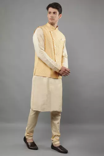 Manish creations men's woven pattan silk blend traditional kurta sets with nehru jacket