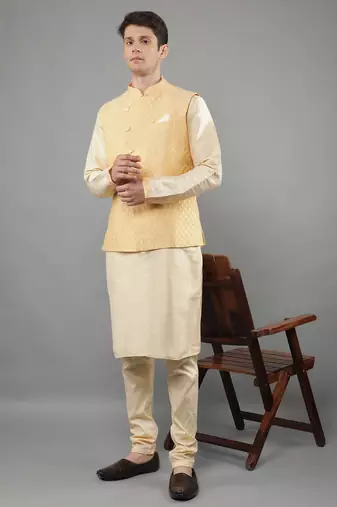 Manish creations men's woven pattan silk blend traditional kurta sets with nehru jacket