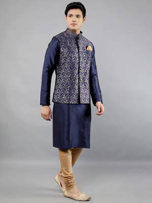 Manish creations men's floral pattan silk blend traditional kurta sets with nehru jacket 3