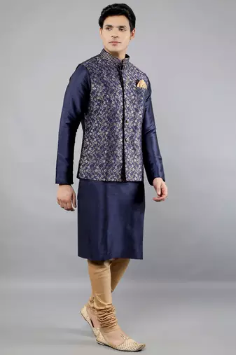 Manish creations men's floral pattan silk blend traditional kurta sets with nehru jacket