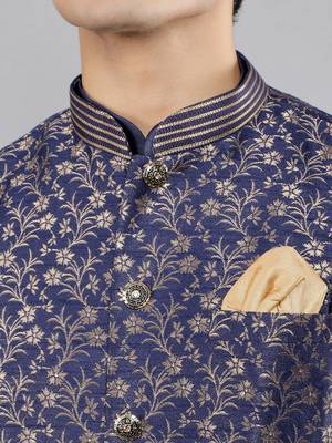 Manish creations men's floral pattan silk blend traditional kurta sets with nehru jacket 4