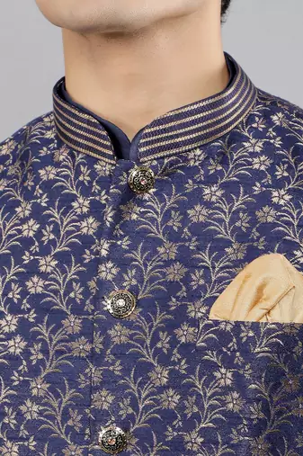 Manish creations men's floral pattan silk blend traditional kurta sets with nehru jacket