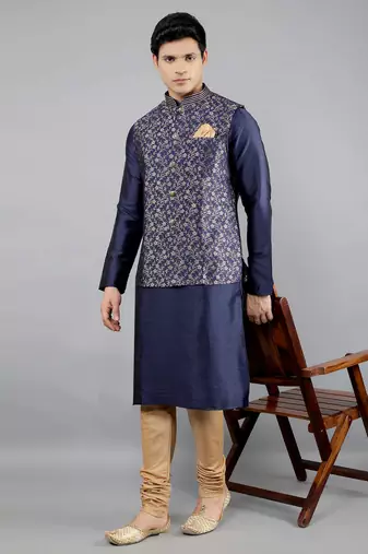Manish creations men's floral pattan silk blend traditional kurta sets with nehru jacket