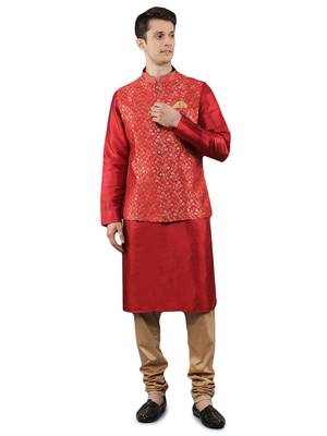 Manish creations men's floral pattan silk blend traditional kurta sets with nehru jacket 1